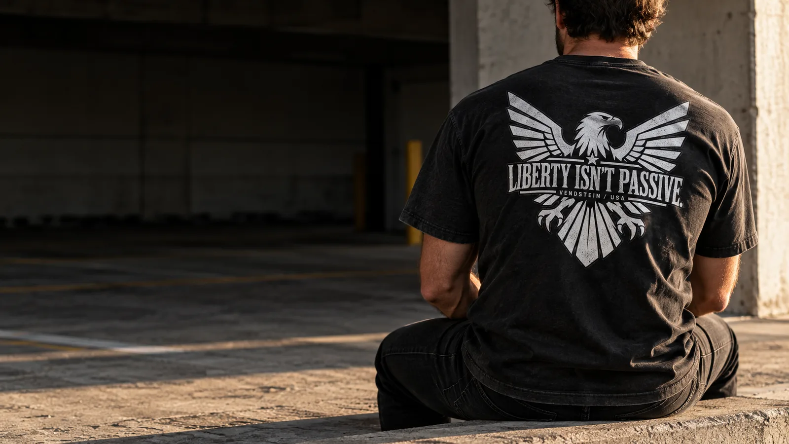 Close-up of the Liberty Isn’t Passive eagle print in the campaign concept
