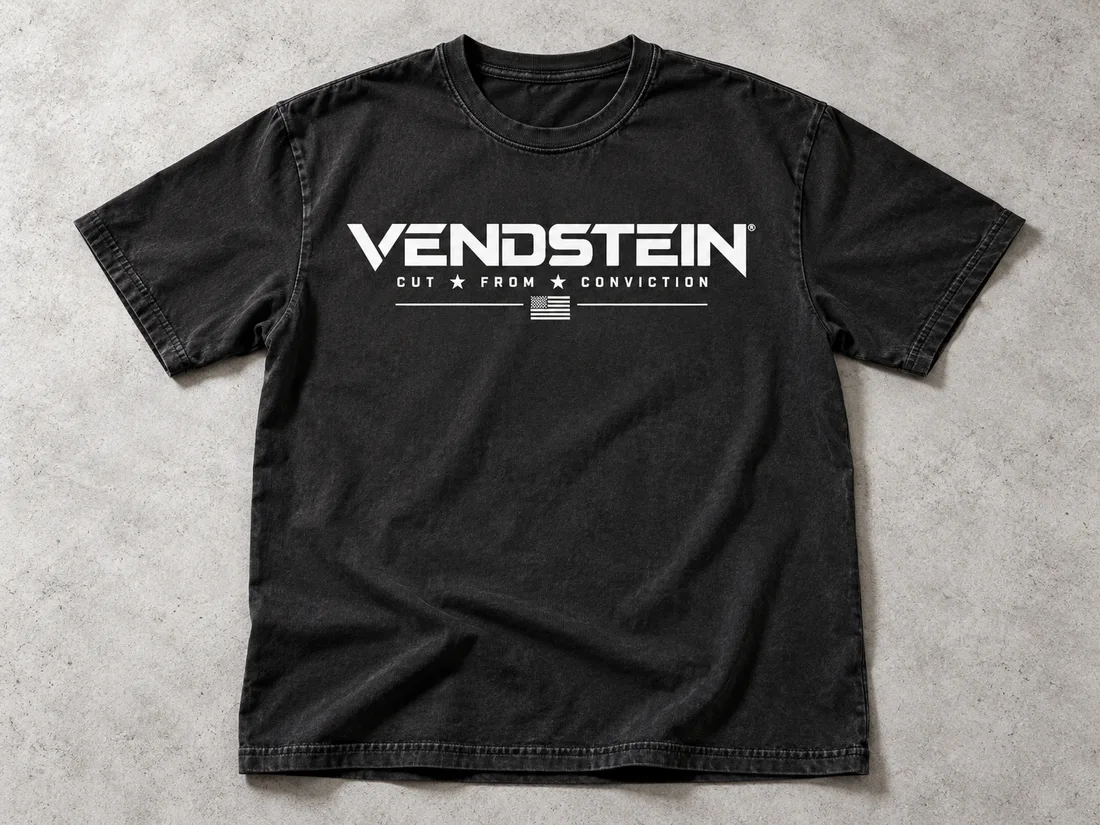 Concept product photograph of the Vendstein wordmark shirt laid flat